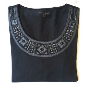 Embellished Black Scoop Neck Tee NWT Silver Beads Aztec Design Size XS Bust 36"